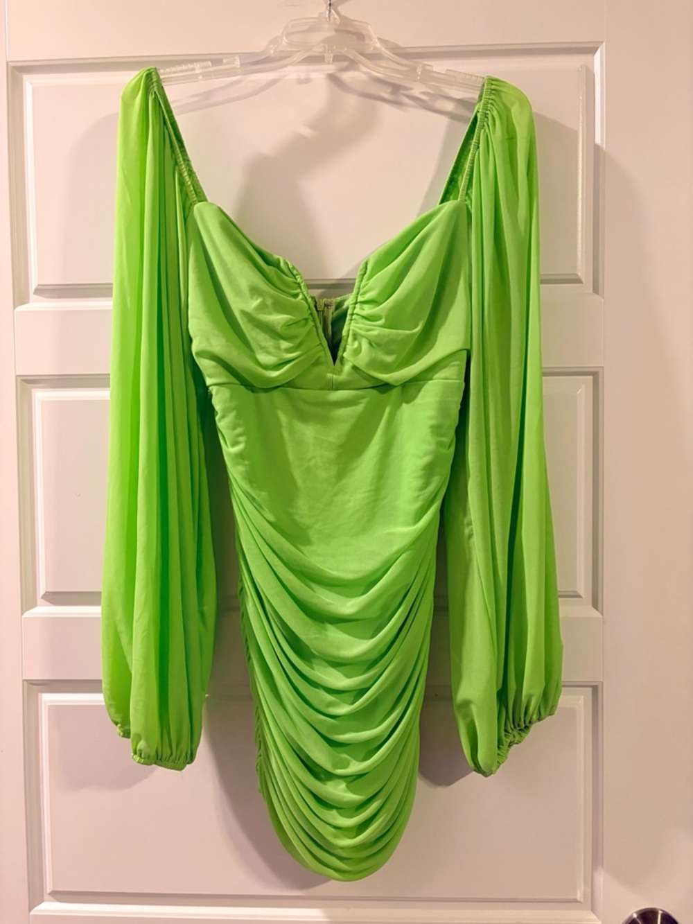 LUXXEL Neon Green Ruched Long-Sleeve Mini Dress